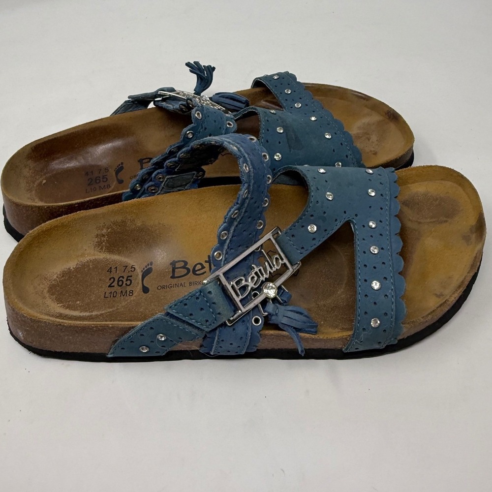 Betula by Birkenstock Blue Suede Rhinestone Scalloped Tassel Sandals 41 L10 M8